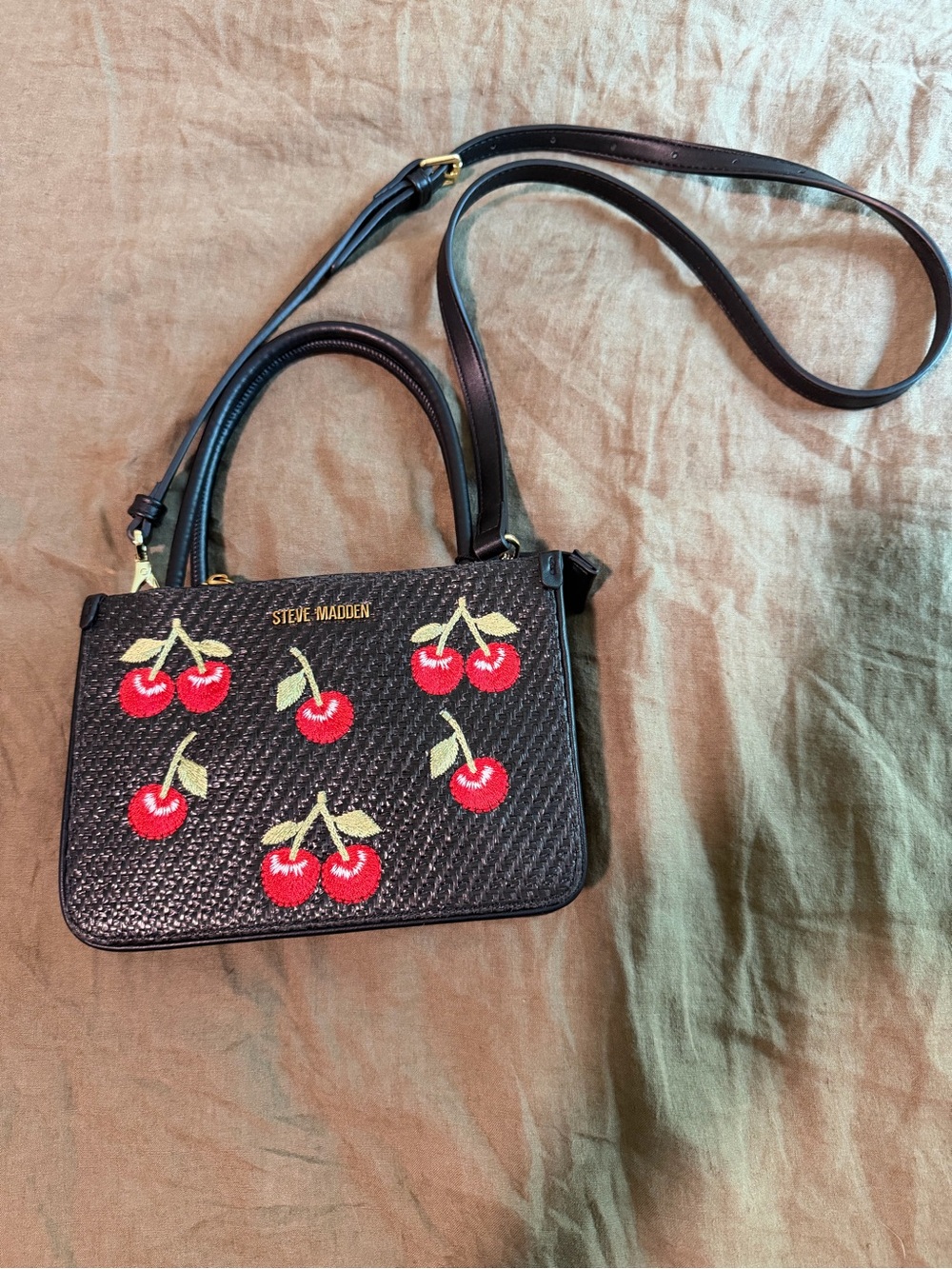 Steve Madden Black Crossbody with Red Cherry Embroidery